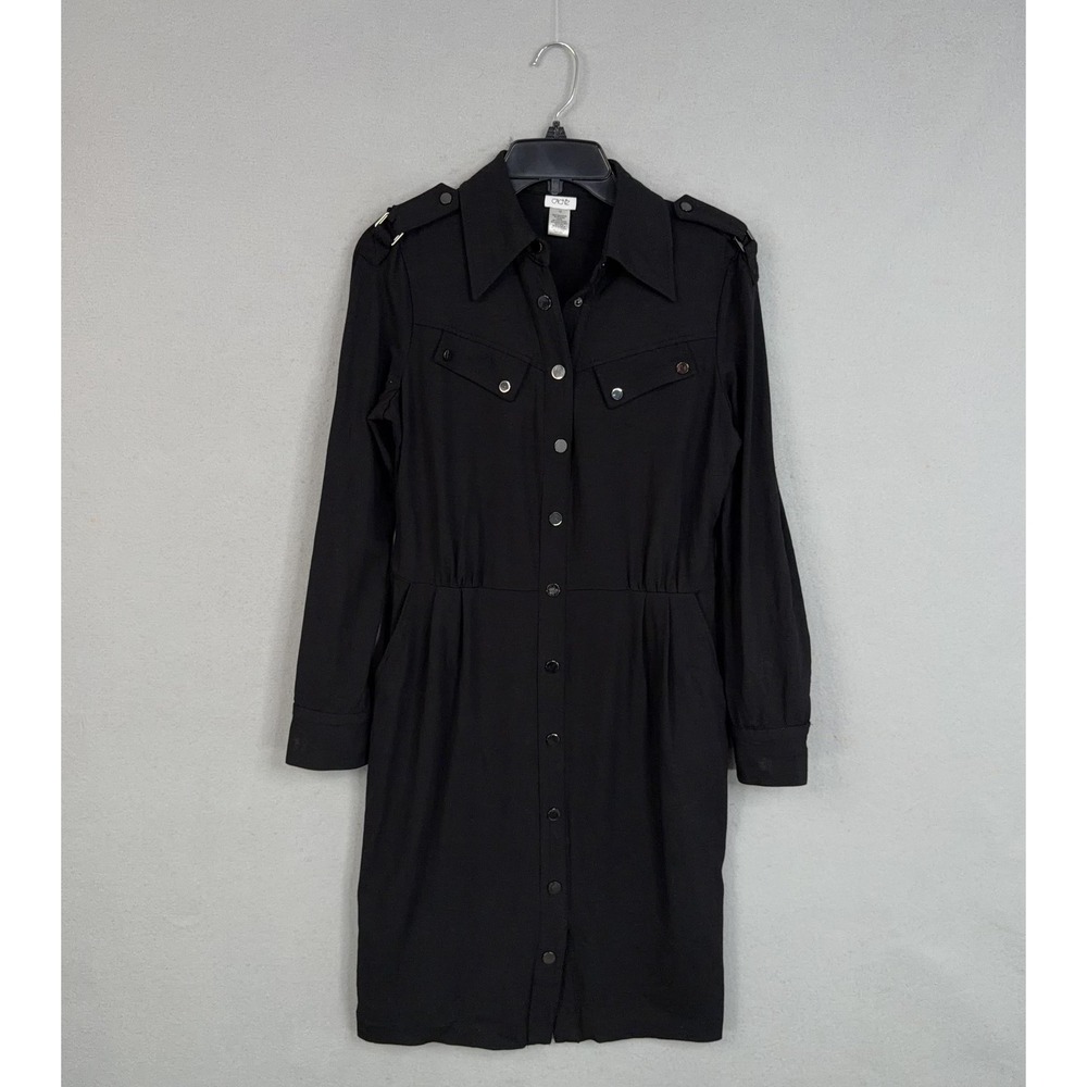 Cache Dress Womens 10 Black Snap Front Shirt Collared Pockets Stretch Workwear